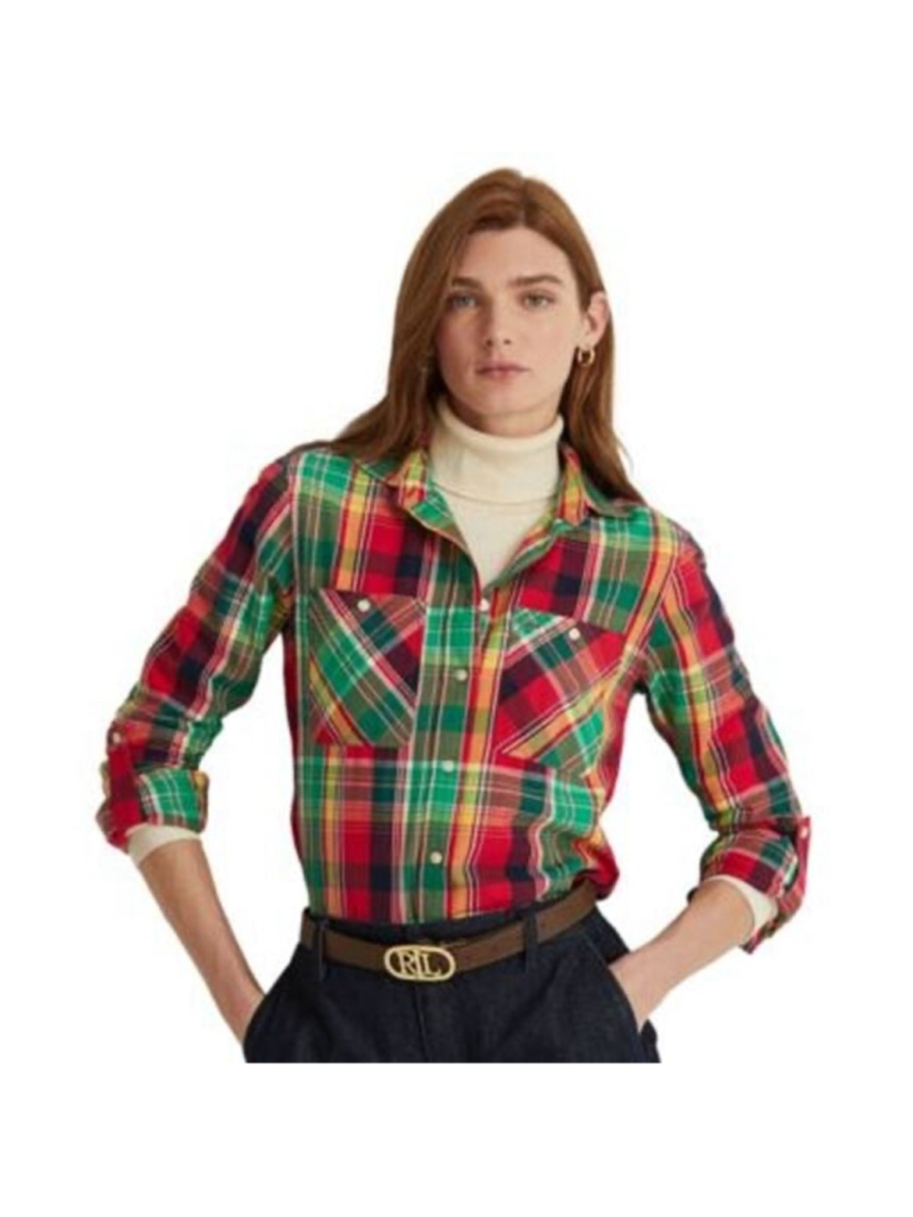 LAUREN Ralph Lauren Black Label Plaid Linen Button Down Shirt Women's Size XXL